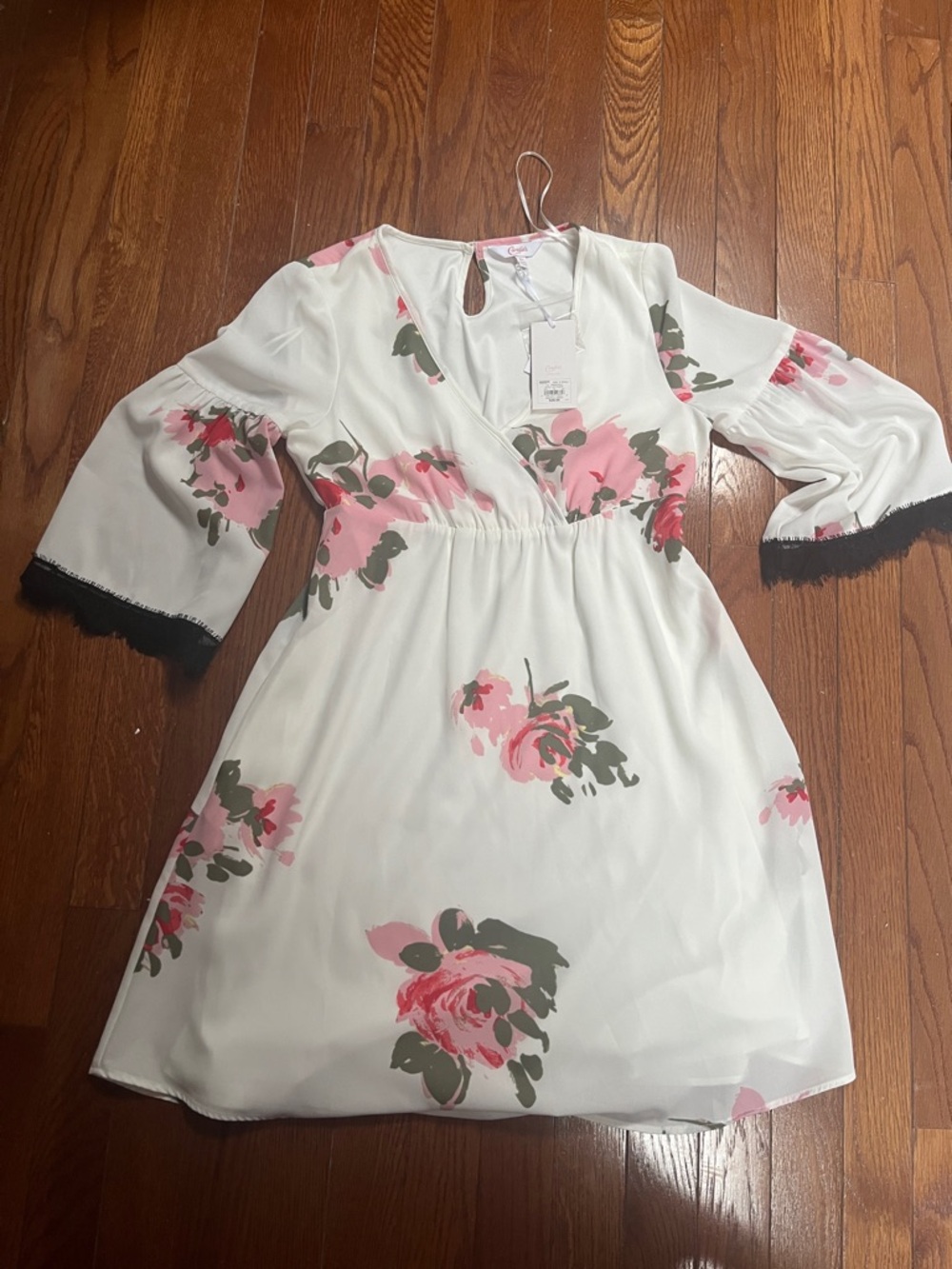 Candie's White Dress with Pink Rose Print and Black Trim